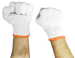 Bleach White Cotton Knitted Gloves. Orange (Unit : 12 Pairs / 1 Dozen)  