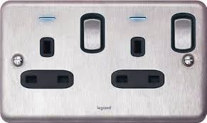 Legrand Synergy 2 Gang 13A 250V SP Switch Socket with blue LED power indicator, Authentic Brushed stainless steel - 8 330 77