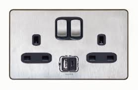 Legrand Synergy 2 Gang Switch Socket SP British socket + USB charger 13 A 250 V, authentic brushed stainless steel - 8 330 79