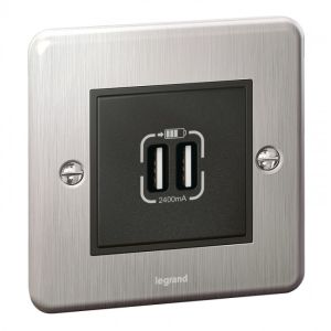 Legrand Synergy Double USB Socket, Authentic brushed stainless steel - 8 330 44