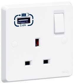 Tenby 1 Gang  SP Switch Socket &  type A USB charger 2400mA, 13A, White- 738141